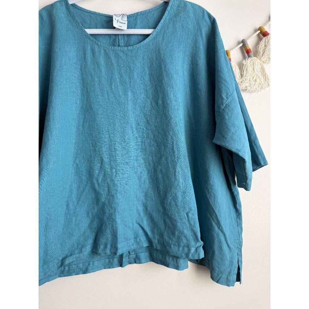 La Fixsun 100% Linen Asymmetric Half Sleeve Turquoise Top Lagenlook Coastal S - Picture 5 of 8